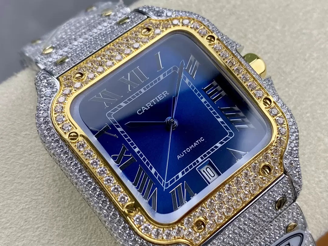 Santos De Cartier Diamond Watches Blue Dial and Gold 1:1 Best Edition AMG Factory Swarovski Stone