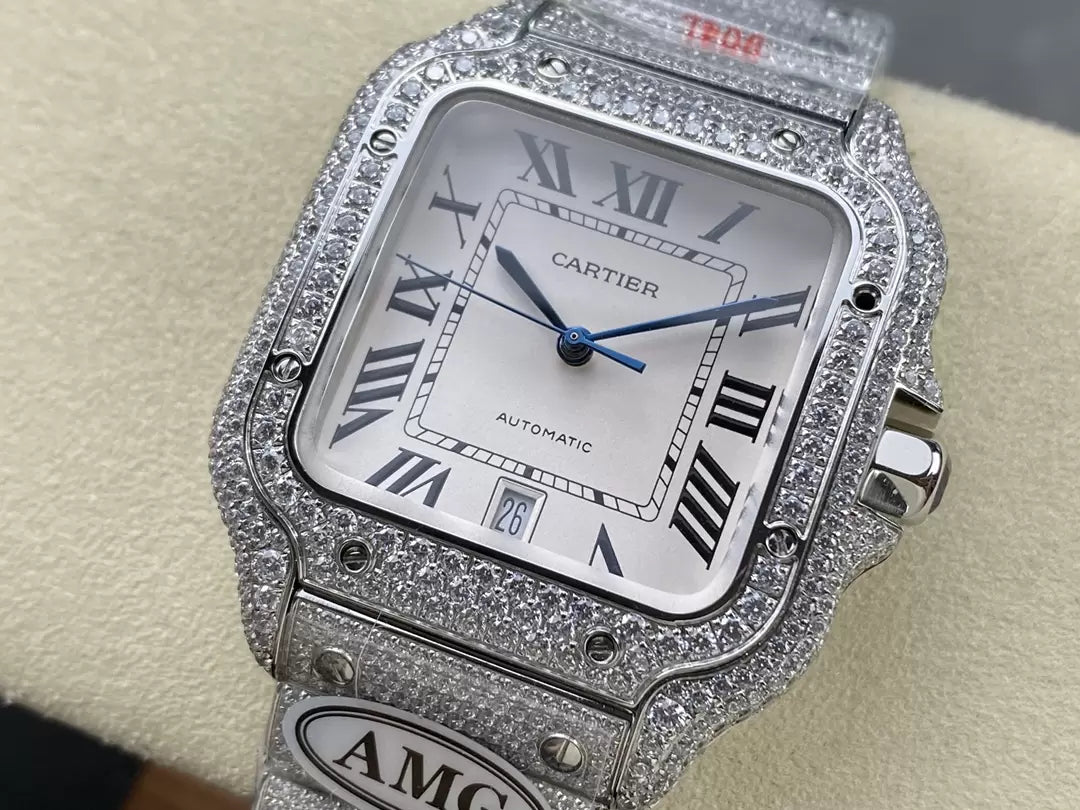 Santos De Cartier Diamond Watches White Dial and Silver 1:1 Best Edition AMG Factory Swarovski Stone