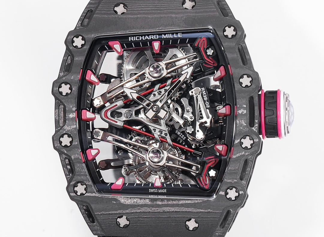 Richard Mille Bubba Watson Tourbillon RM38-02 1:1 Mejor edición Caja de carbono negra Correa de tela con velcro