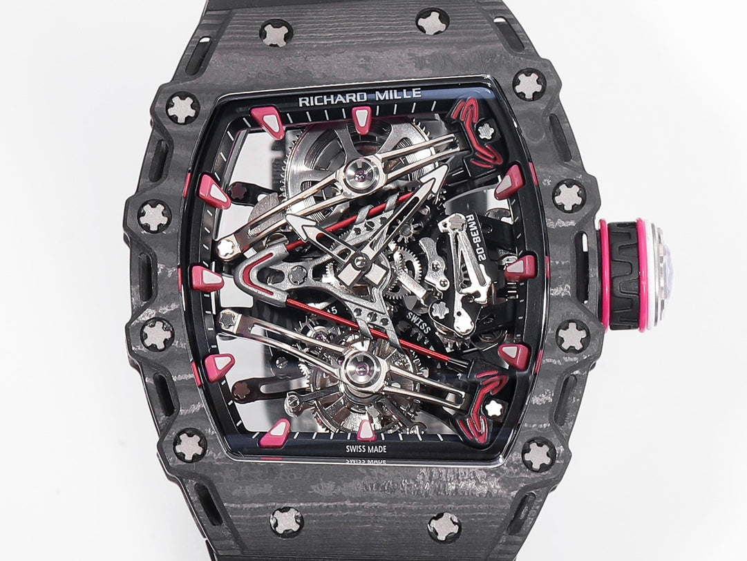 Richard Mille Bubba Watson Tourbillon RM38-02 1:1 Mejor edición Caja de carbono negra Correa de caucho