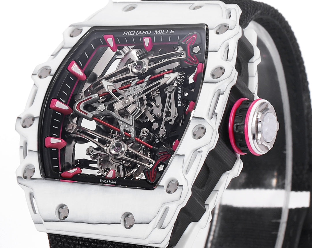 Richard Mille Bubba Watson Tourbillon RM38-02 1:1 Best Edition Cassa in carbonio bianco Cinturino in tessuto velcro nero