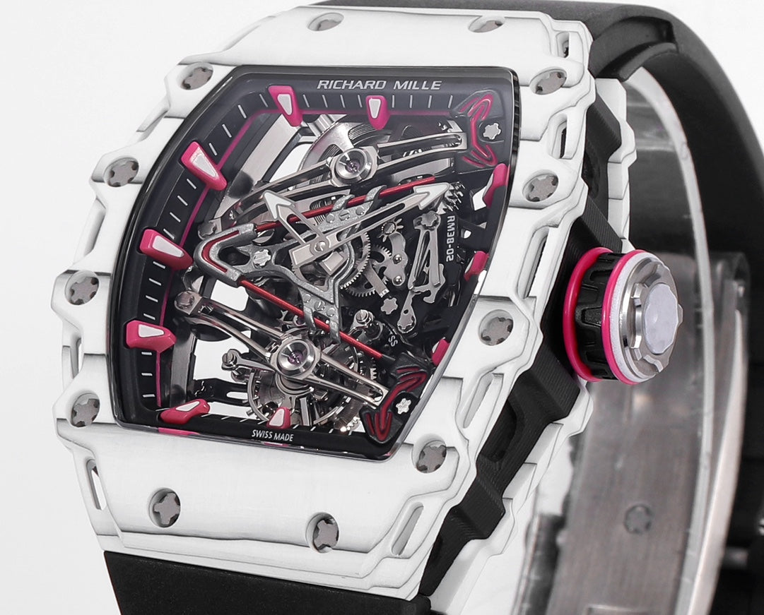 Richard Mille Bubba Watson Tourbillon RM38-02  1:1 Best Edition White Carbon Case Black Rubber Strap