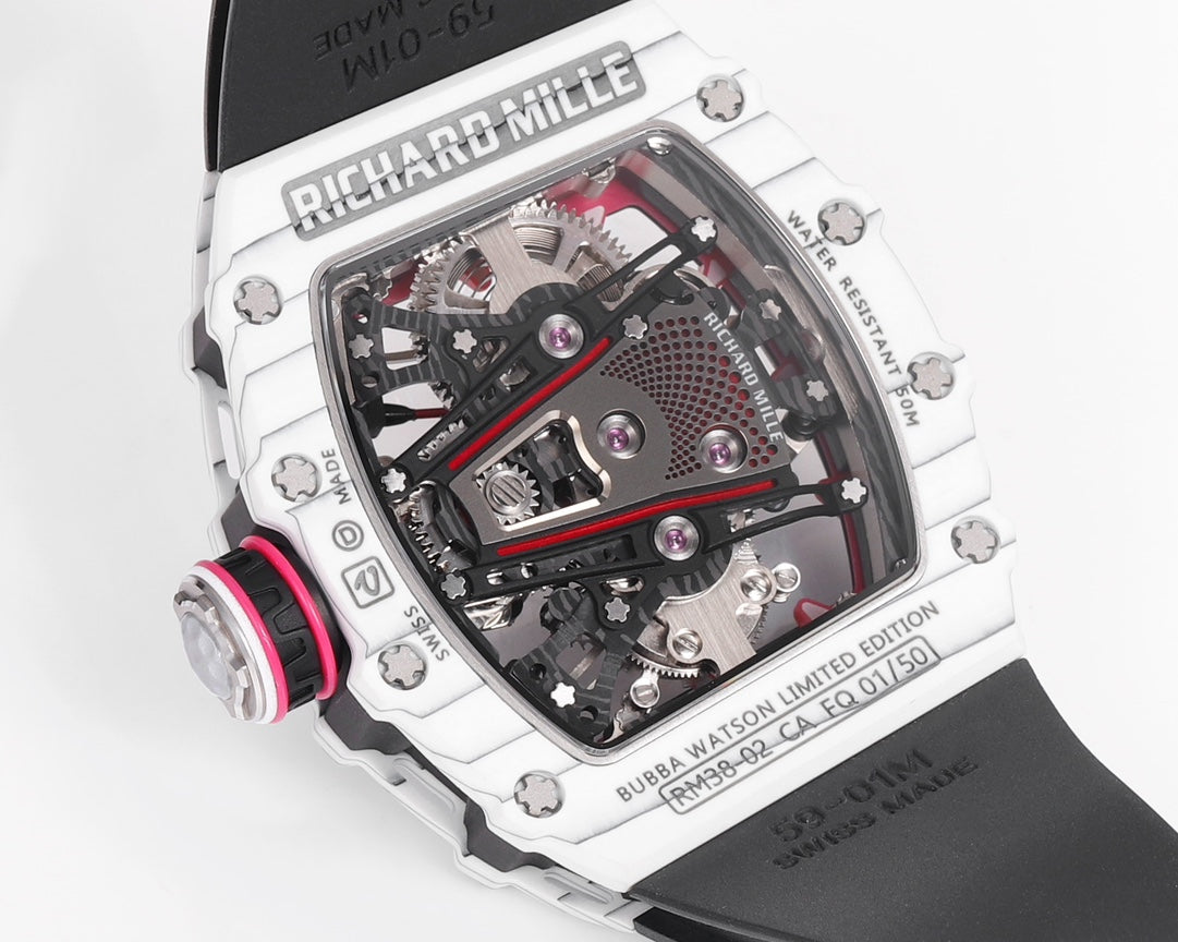 Richard Mille Bubba Watson Tourbillon RM38-02  1:1 Best Edition White Carbon Case Black Rubber Strap