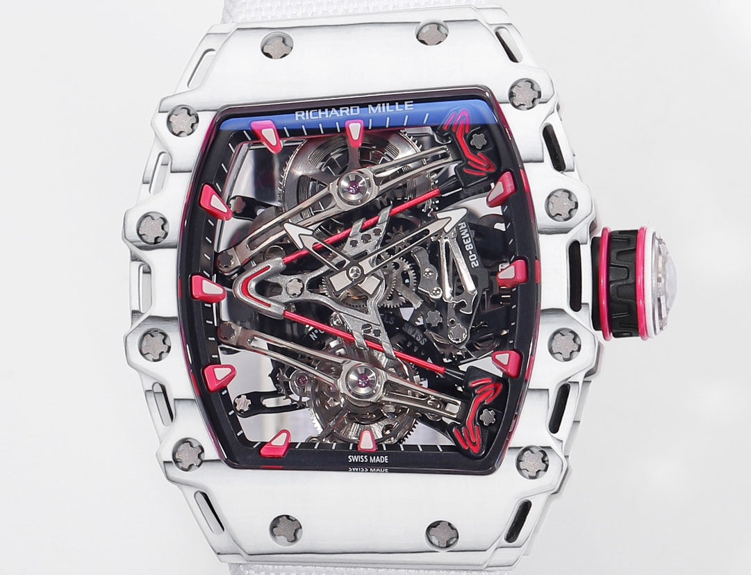 Richard Mille Bubba Watson Tourbillon RM38-02 1:1 Mejor Edición Caja de Carbono Blanco Correa de velcro