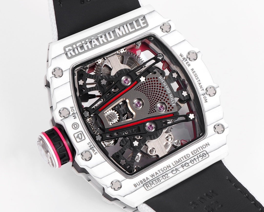 Richard Mille Bubba Watson Tourbillon RM38-02 1:1 Mejor Edición Caja de Carbono Blanco Correa de velcro