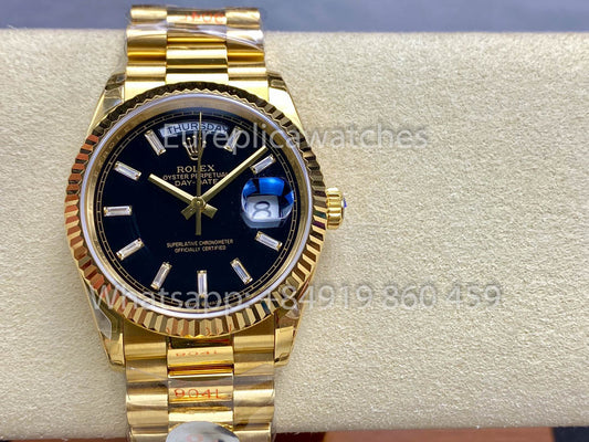 Rolex Day Date Ref. 128238 Quadrante Nero Oro Giallo 1:1 Miglior Clone 8+ Versione Contrappeso di Fabbrica