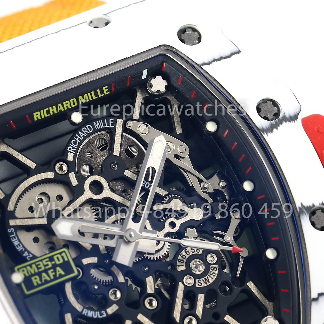 Richard Mille RM35-01 Bianco Carbonio 1:1 Miglior Clone BBR Factory V2 Cinturino in Velcro Giallo