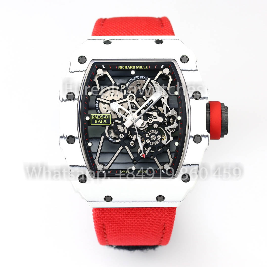 Richard Mille RM35-01 White Carbon 1:1 Miglior Clone BBR Factory V2 Cinturino in Velcro Rosso