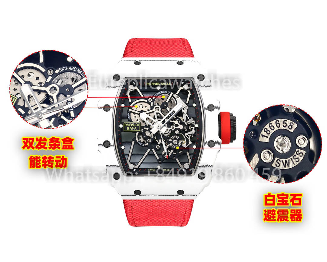 Richard Mille RM35-01 White Carbon 1:1 Best Clone BBR Factory V2 Red Velcro Strap