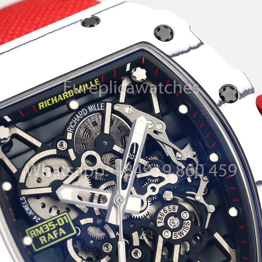 Richard Mille RM35-01 White Carbon 1:1 Miglior Clone BBR Factory V2 Cinturino in Velcro Rosso