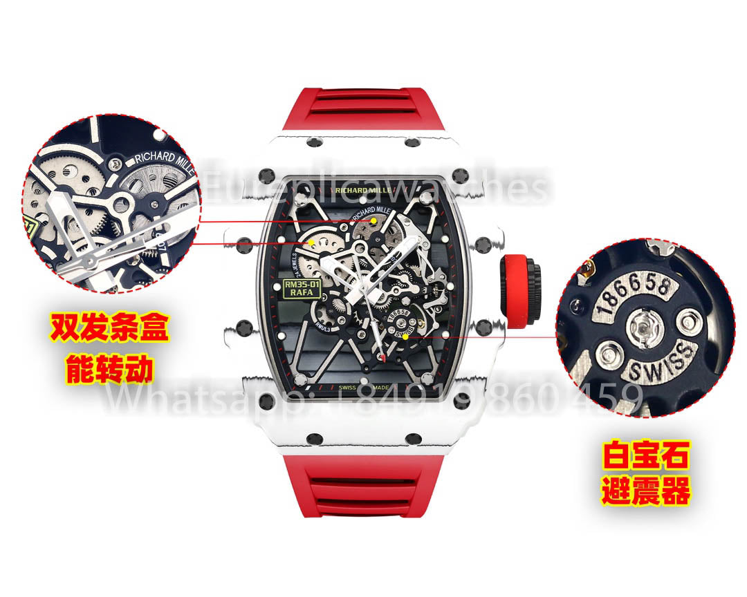 Richard Mille RM35-01 Carbonio Bianco 1:1 Miglior Clone BBR Factory V2 Cinturino in Gomma Rossa