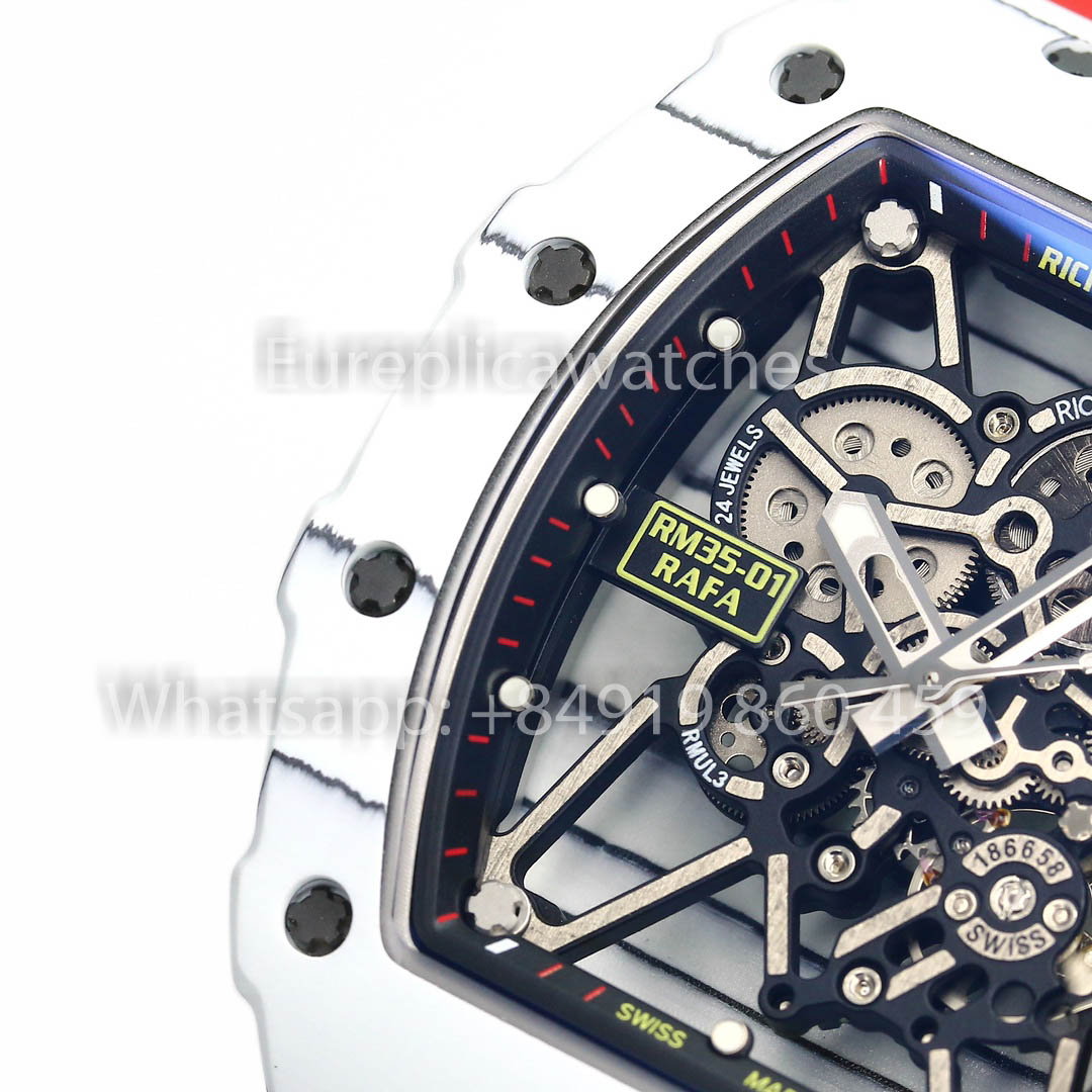 Richard Mille RM35-01 White Carbon 1:1 Best Clone BBR Factory V2 Red Rubber Strap