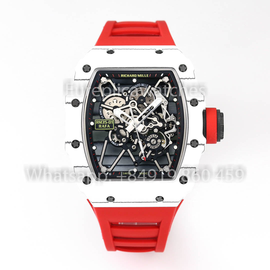 Richard Mille RM35-01 White Carbon 1:1 Best Clone BBR Factory V2 Red Rubber Strap