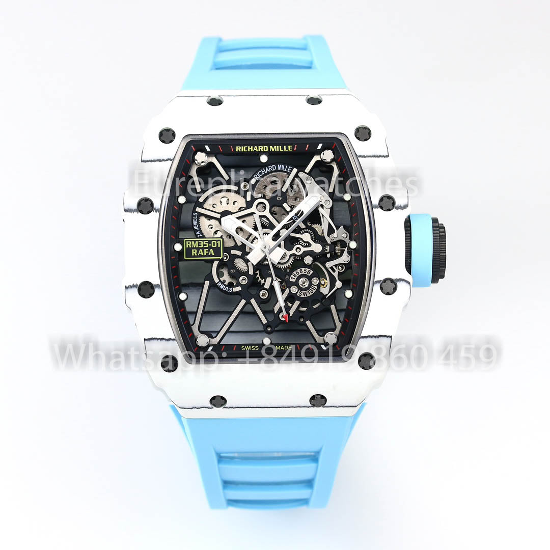 Richard Mille RM35-01 Carbonio Bianco 1:1 Miglior Clone BBR Factory V2 Cinturino in Gomma Blu