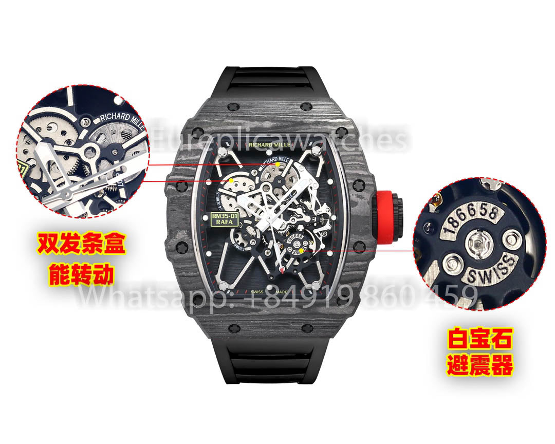 Richard Mille RM35-01 NTPT Carbon Case 1:1 Miglior Clone BBR Factory V2 Cinturino in Gomma Nera