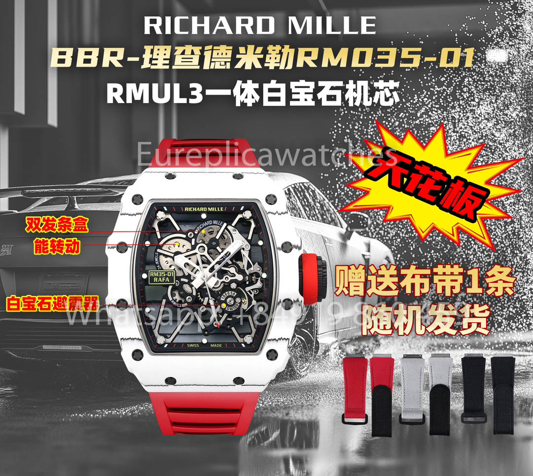 Richard Mille RM35-01 Carbonio Bianco 1:1 Miglior Clone BBR Factory V2 Cinturino in Gomma Rossa