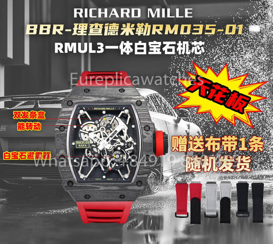 Richard Mille RM35-01 NTPT Carbon 1:1 Mejor clon BBR Factory V2 Correa de caucho roja