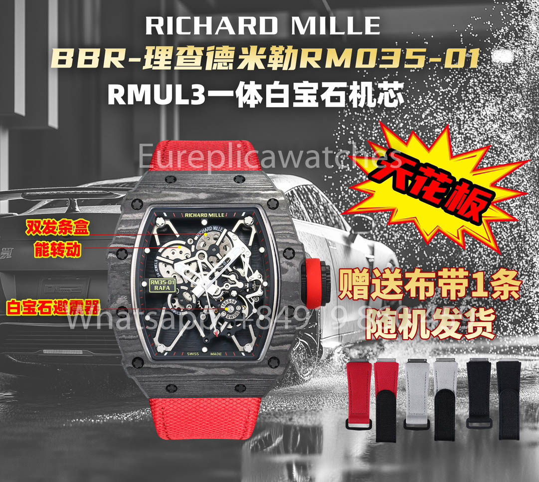 Richard Mille RM35-01 NTPT Carbon 1:1 Miglior Clone BBR Factory V2 Cinturino in Velcro Rosso