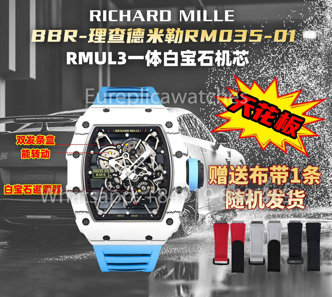 Richard Mille RM35-01 Carbonio Bianco 1:1 Miglior Clone BBR Factory V2 Cinturino in Gomma Blu