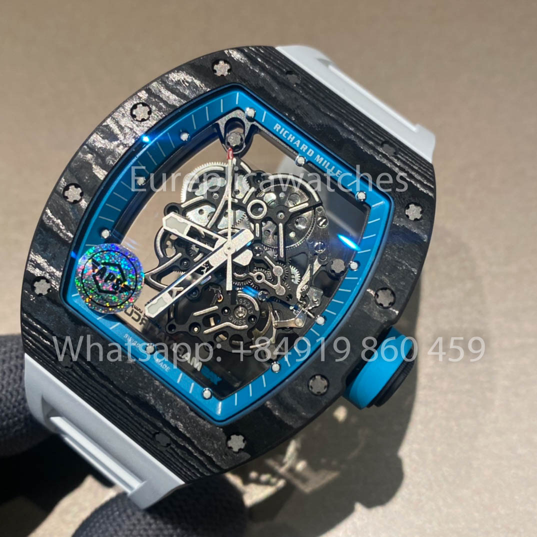 RICHARD MILLE RM055 Cassa in fibra di carbonio 1:1 Miglior clone APS Factory Quadrante blu Cinturino bianco