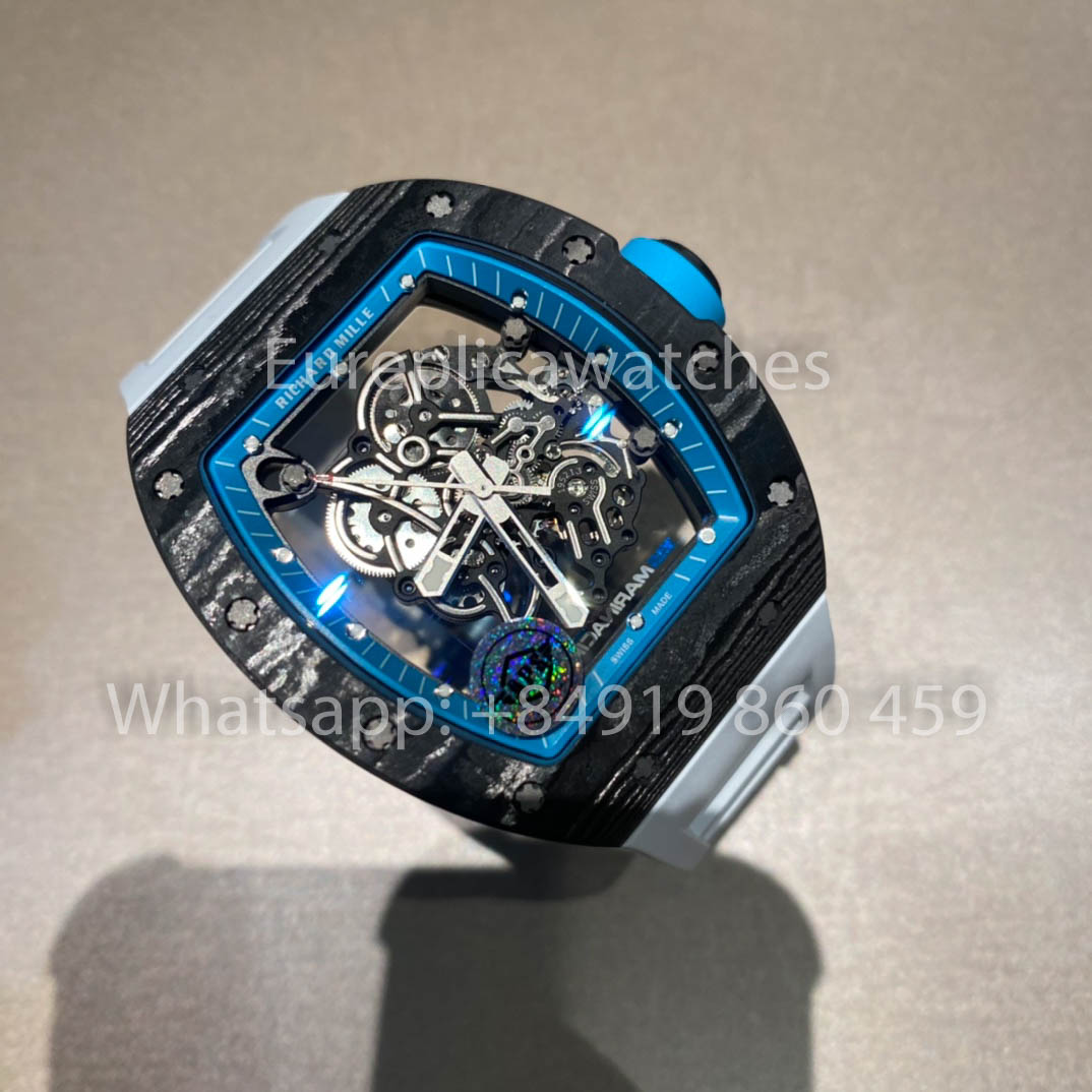 RICHARD MILLE RM055 Cassa in fibra di carbonio 1:1 Miglior clone APS Factory Quadrante blu Cinturino bianco