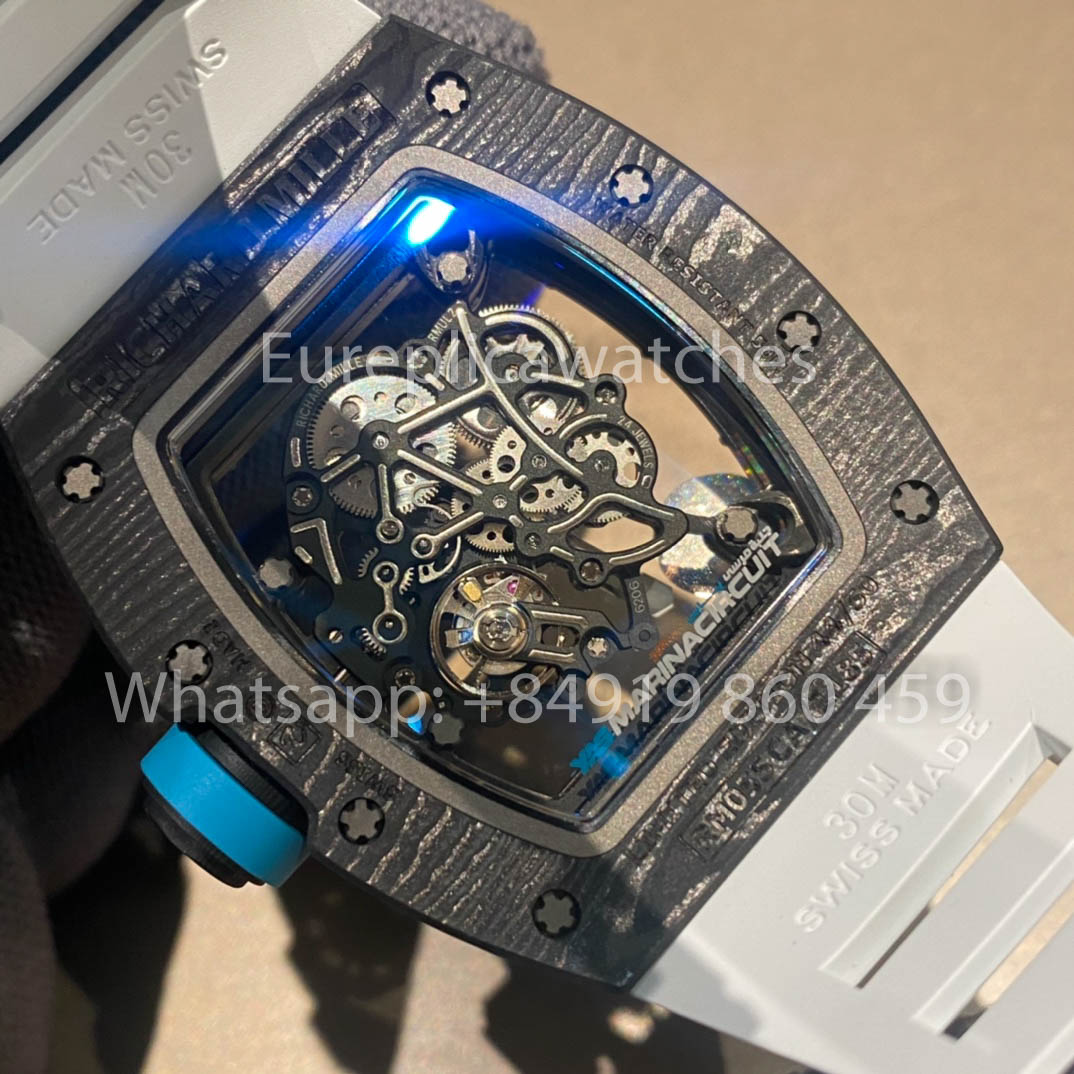 RICHARD MILLE RM055 Cassa in fibra di carbonio 1:1 Miglior clone APS Factory Quadrante blu Cinturino bianco