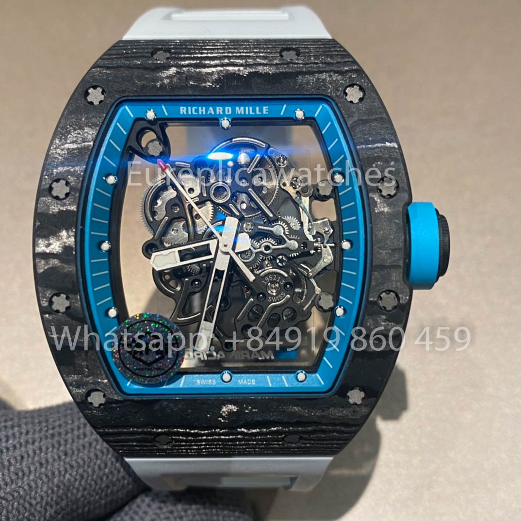 RICHARD MILLE RM055 Cassa in fibra di carbonio 1:1 Miglior clone APS Factory Quadrante blu Cinturino bianco