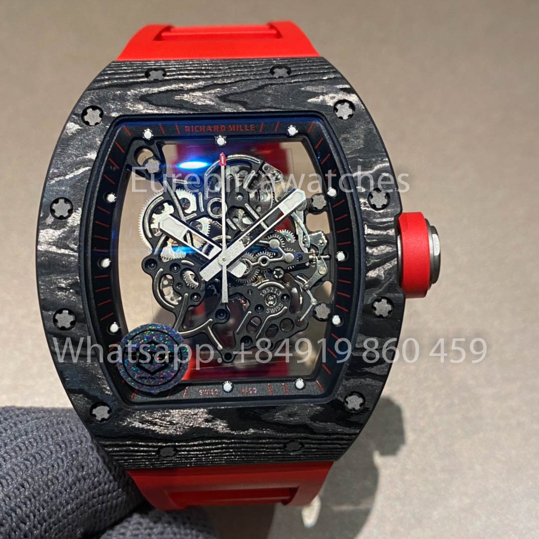 RICHARD MILLE RM055 Carbon Fiber Case 1:1 Best Clone APS Factory Red Rubber Strap