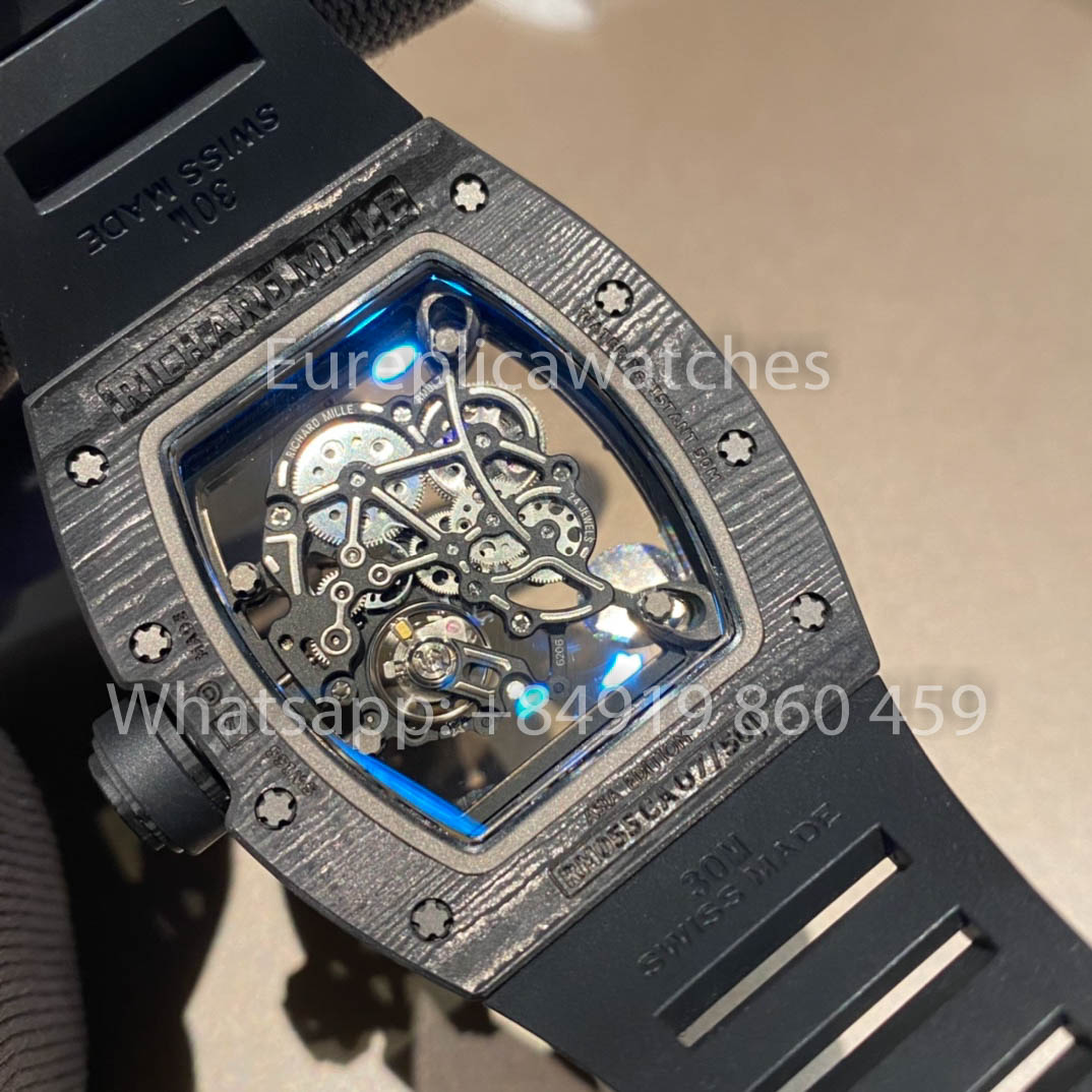 RICHARD MILLE RM055 Cassa in fibra di carbonio 1:1 Miglior clone APS Factory Quadrante blu Cinturino bianco