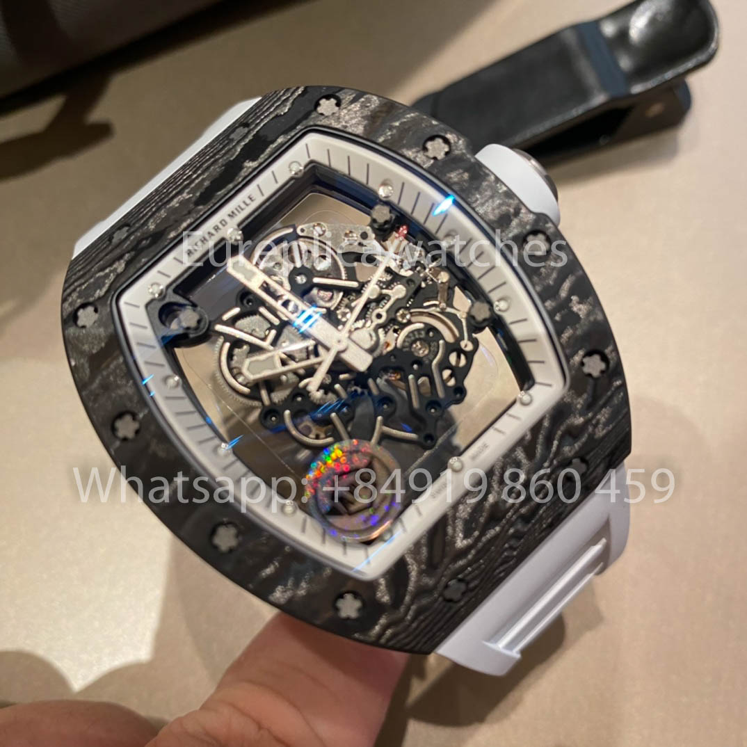 RICHARD MILLE RM055 Cassa in fibra di carbonio 1:1 Miglior clone APS Factory Quadrante bianco Cinturino in gomma