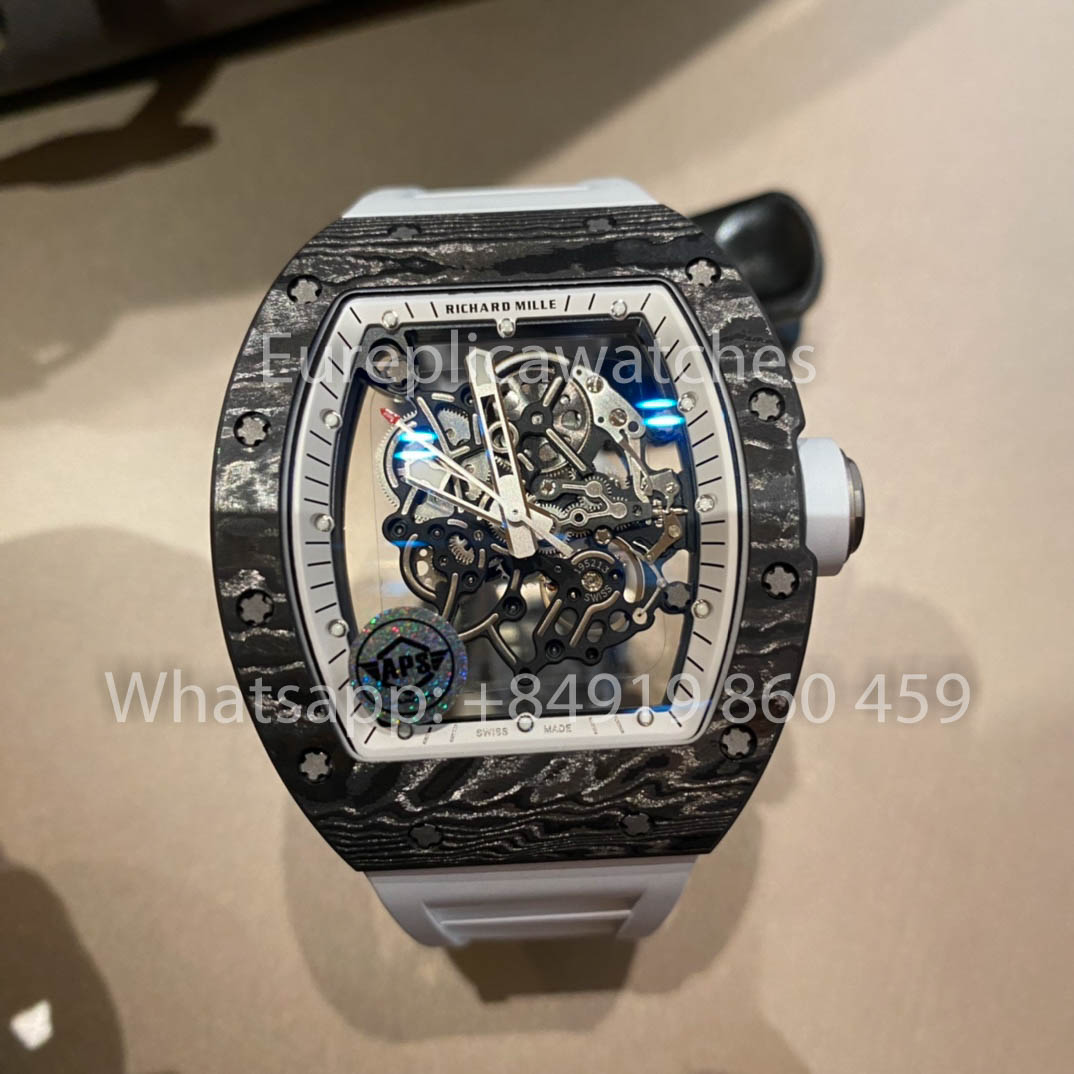 RICHARD MILLE RM055 Cassa in fibra di carbonio 1:1 Miglior clone APS Factory Quadrante bianco Cinturino in gomma