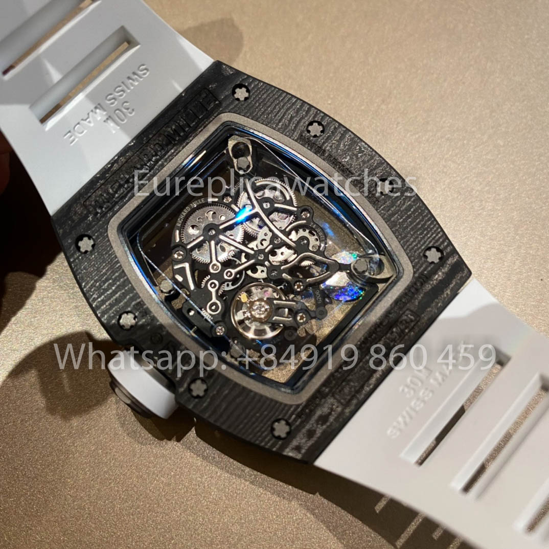 RICHARD MILLE RM055 Cassa in fibra di carbonio 1:1 Miglior clone APS Factory Quadrante bianco Cinturino in gomma