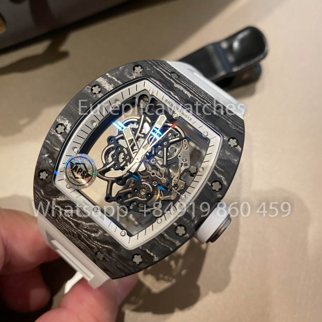 RICHARD MILLE RM055 Cassa in fibra di carbonio 1:1 Miglior clone APS Factory Quadrante bianco Cinturino in gomma