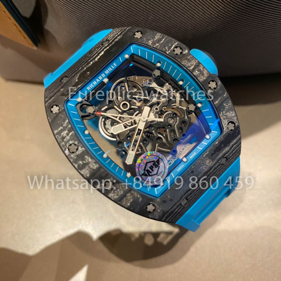 RICHARD MILLE RM055 Caja de fibra de carbono 1:1 Mejor clon APS Factory Esfera azul