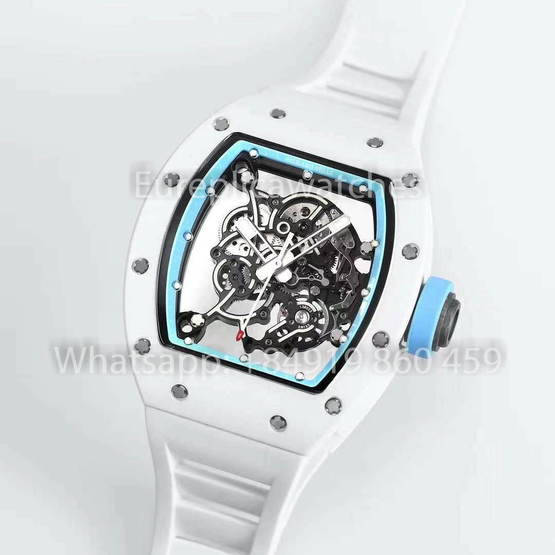 RICHARD MILLE RM055 Caja de cerámica blanca 1:1 Mejor clon APS Factory Esfera azul Correa blanca