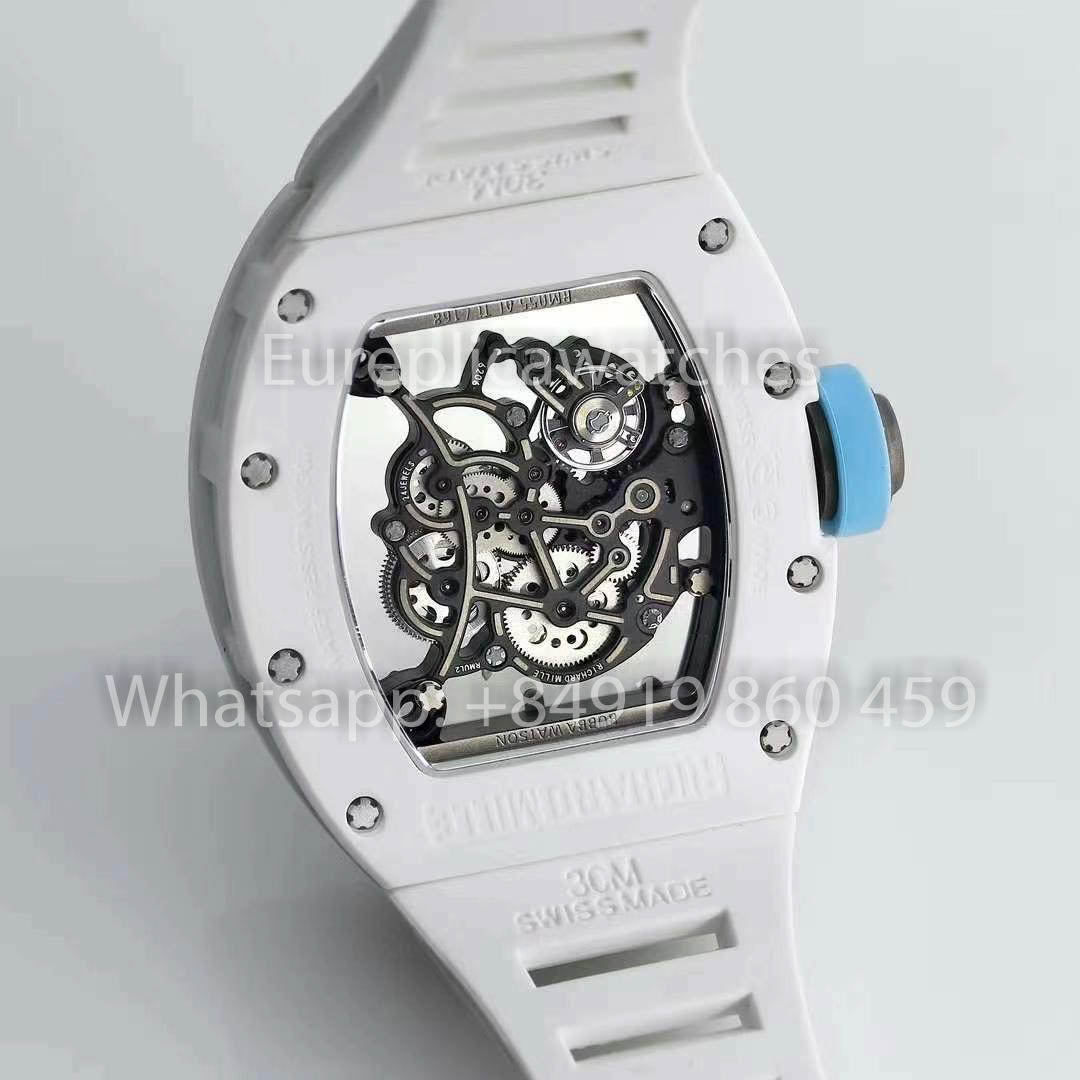 RICHARD MILLE RM055 Caja de cerámica blanca 1:1 Mejor clon APS Factory Esfera azul Correa blanca