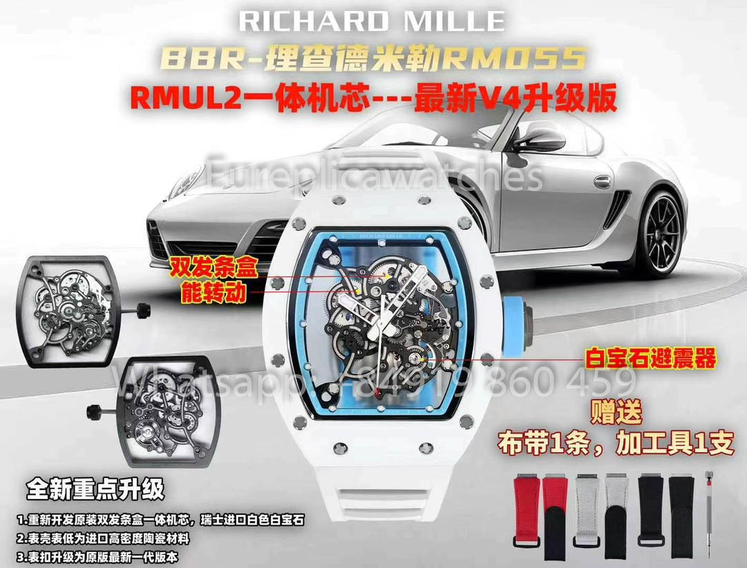 RICHARD MILLE RM055 Caja de cerámica blanca 1:1 Mejor clon APS Factory Esfera azul Correa blanca