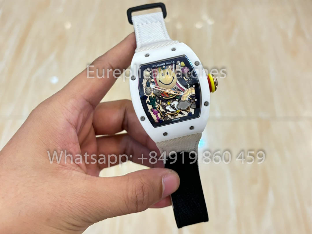 Richard Mille RM88 Smiley V2 Cassa in ceramica 1:1 Miglior clone Cinturino in velcro bianco