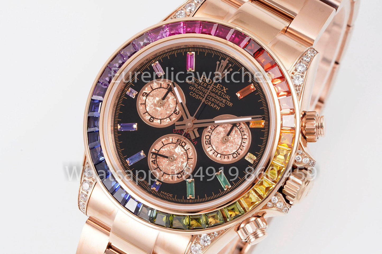 Rolex Daytona Rainbow Baguettes Oro rosa Esfera negra 40 mm 116595RBOW 1:1 Mejor clon SSEF Factory (copia)