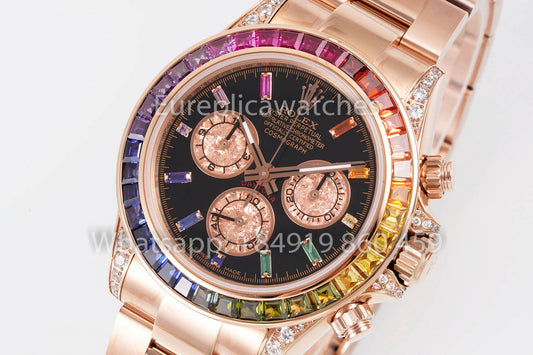 Rolex Daytona Rainbow Baguettes Rose Gold Black Dial 40mm 116595RBOW  1:1 Best Clone SSEF Factory (Copy)