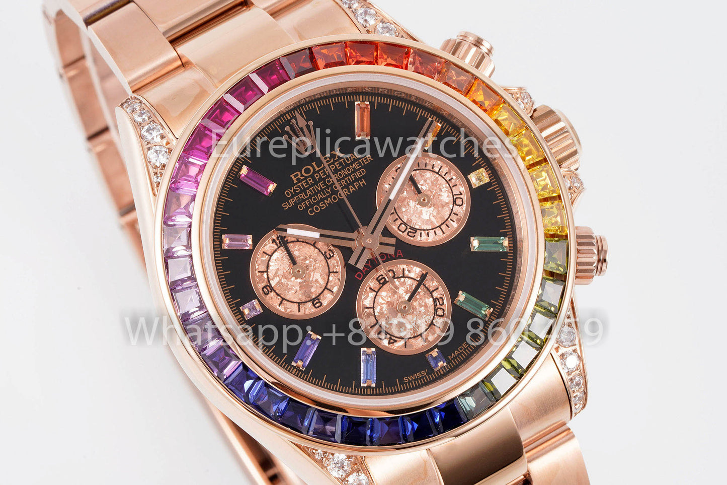 Rolex Daytona Rainbow Baguettes Oro rosa Esfera negra 40 mm 116595RBOW 1:1 Mejor clon SSEF Factory (copia)