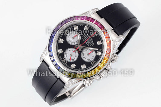 Rolex Daytona Rainbow - Esfera negra de 40 mm, 1:1, el mejor clon de acero inoxidable plateado de fábrica EF