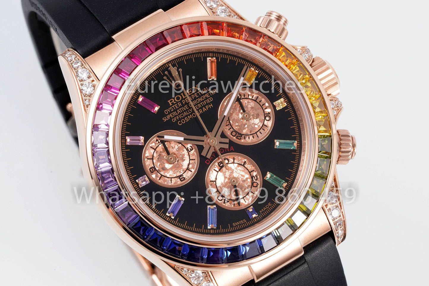 Rolex Daytona Rainbow Baguettes Oro Rosa Quadrante Nero 40mm 116595RBOW 1:1 Miglior Clone EF Factory