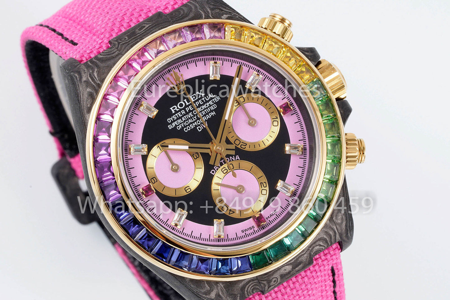 Rolex Daytona Carbon Case Pink Dial 1:1 Best Clone Diw Custom Velcro Strap