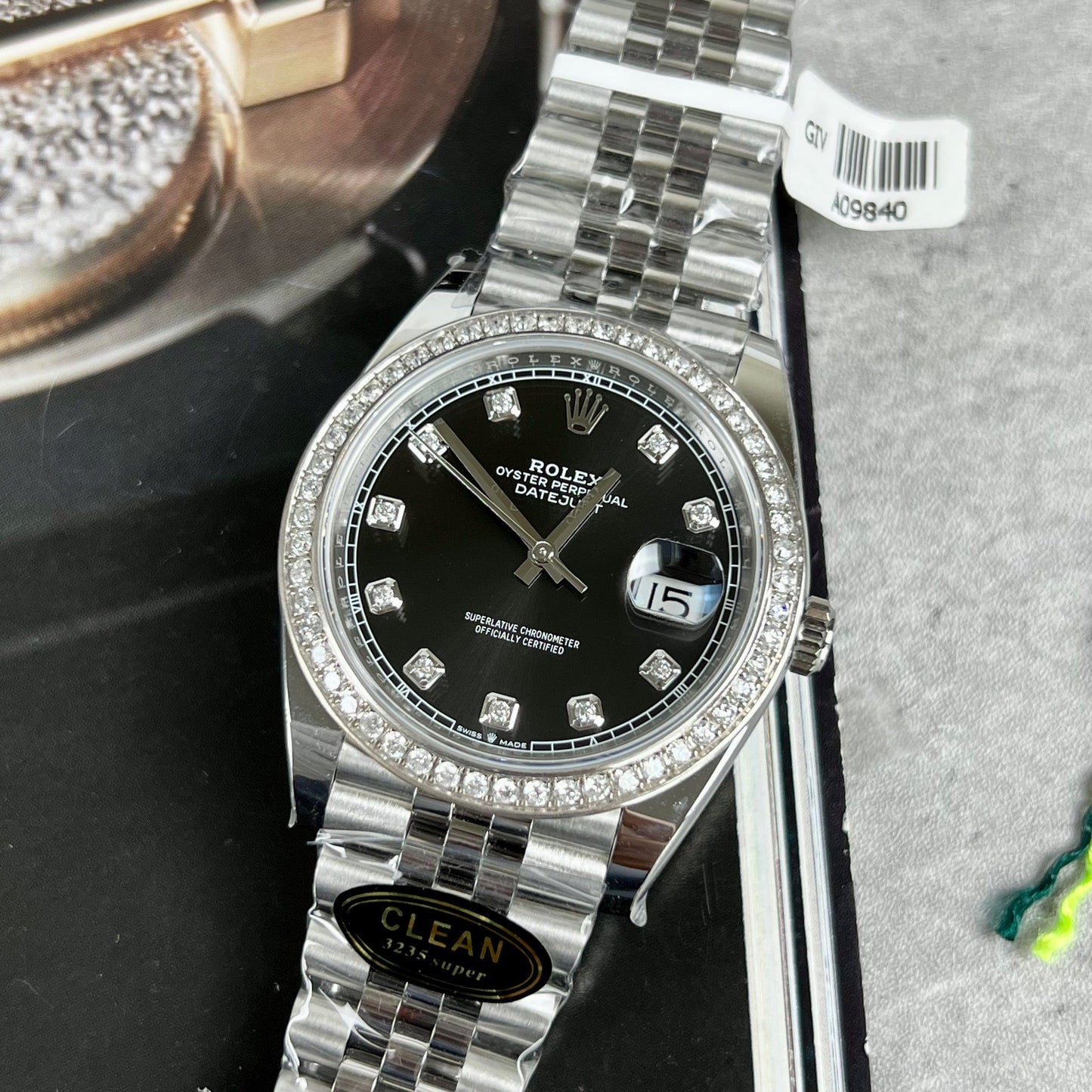 Rolex Datejust 41 Black Diamond Men's Watch 126334-0012 custom moissanite