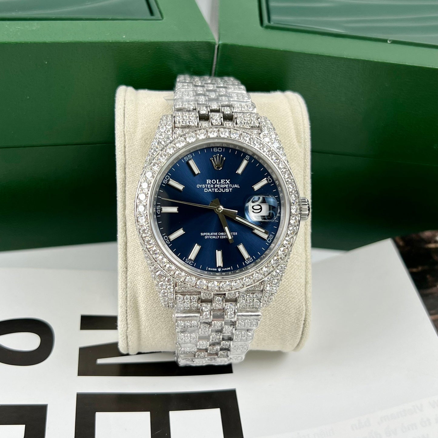 Reloj Rolex Datejust 41 con esfera azul para hombre 126334-0002 moissanita personalizado