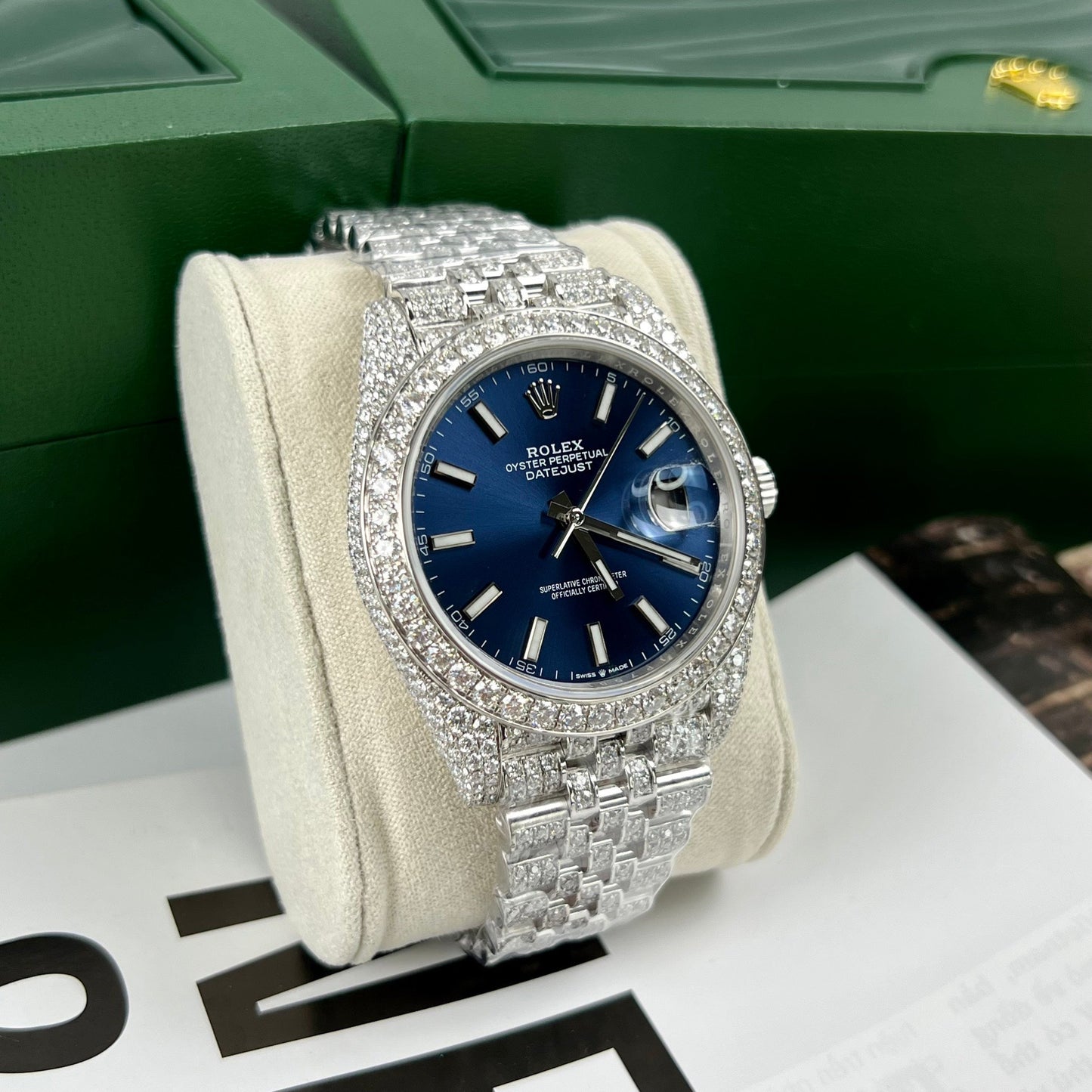 Reloj Rolex Datejust 41 con esfera azul para hombre 126334-0002 moissanita personalizado