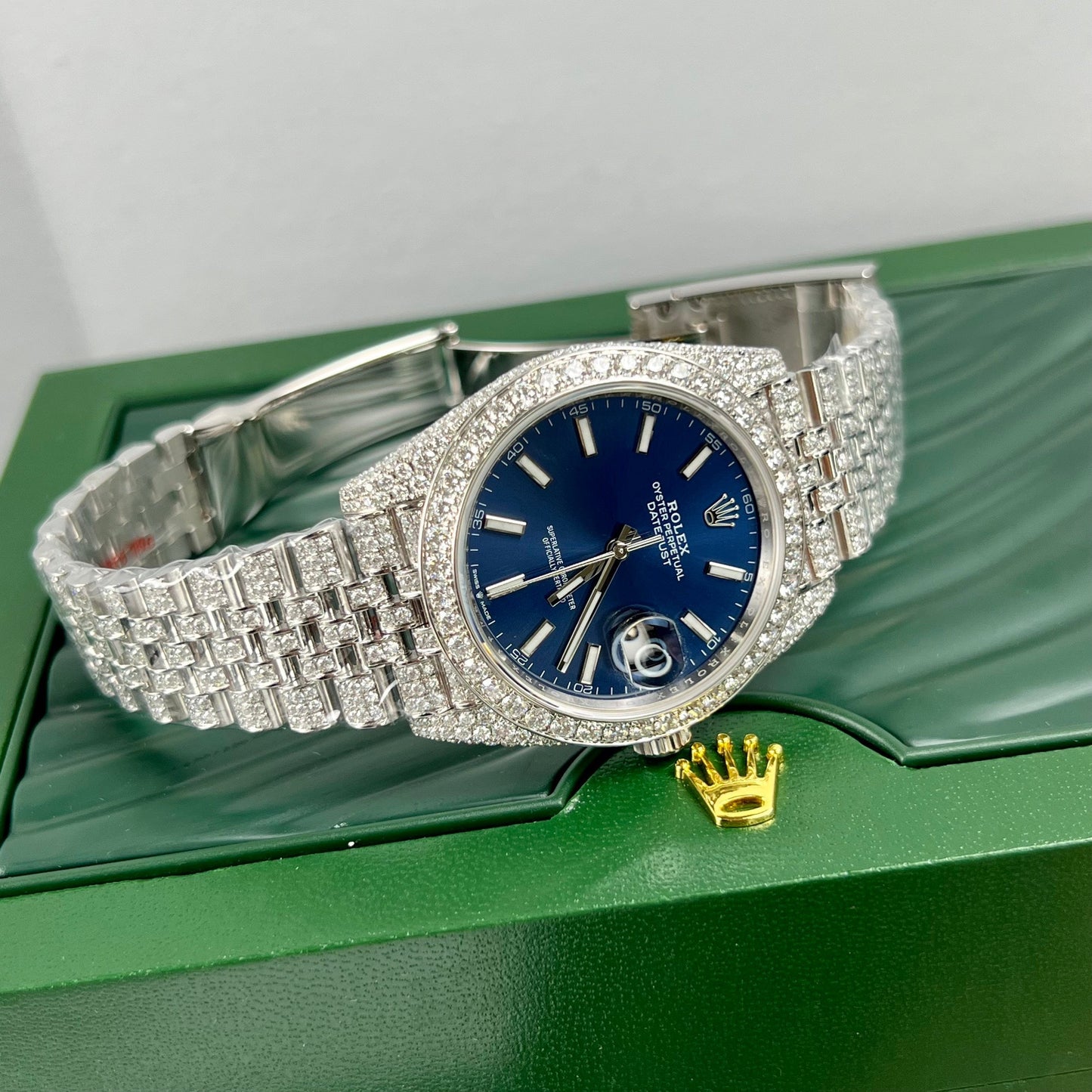 Reloj Rolex Datejust 41 con esfera azul para hombre 126334-0002 moissanita personalizado