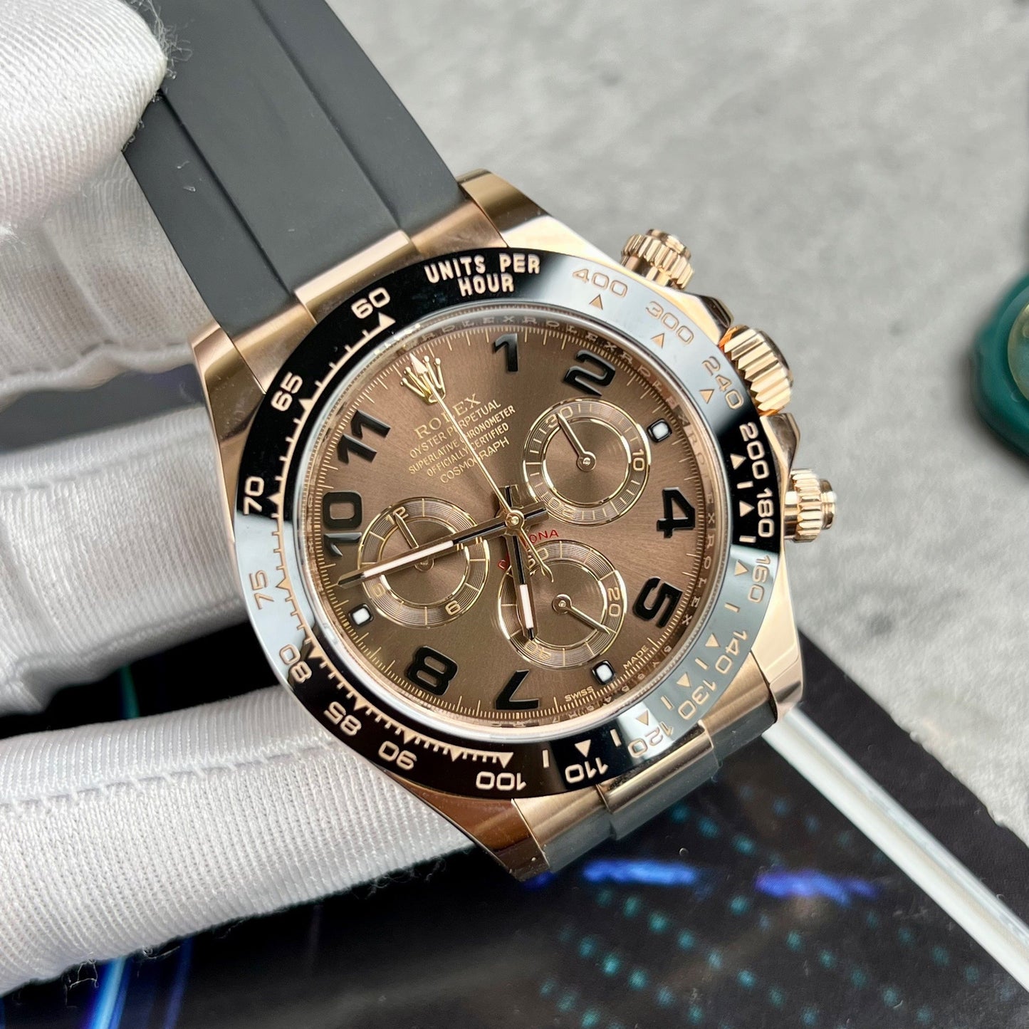 Rolex Daytona Rose Gold Chocolate Arabic Dial & Ceramic Bezel Oysterflex Rubber Bracelet 116515LN