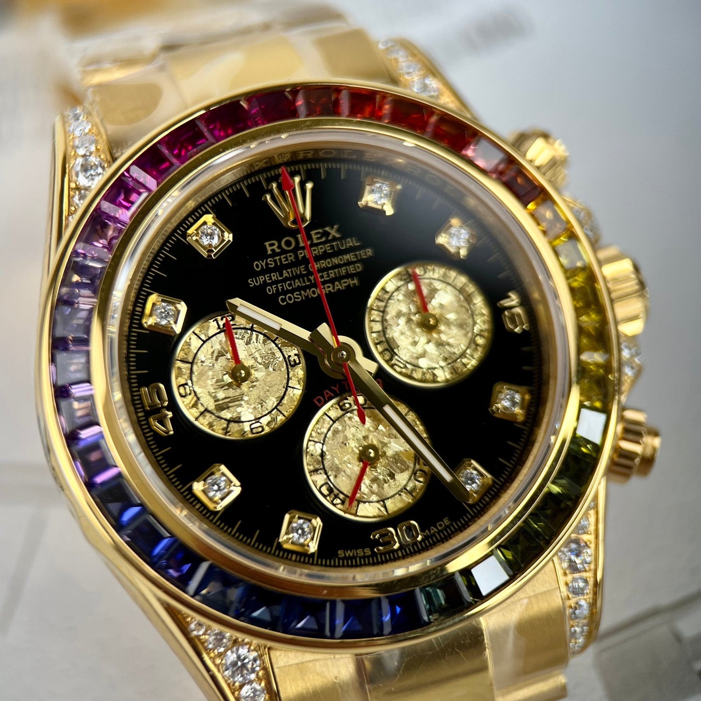 Rolex Cosmograph Daytona Rainbow 116598 RBOW-78608 [Custom gold, moissanite, ruby stone]